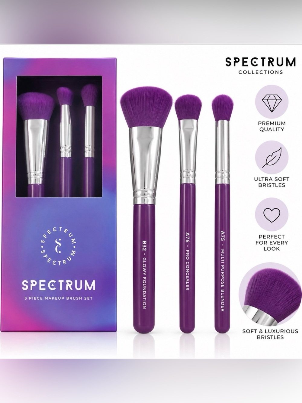 Spectrum 3-Piece Purple Makeup Brush Set - Pro Foundation, Concealer & Blender
